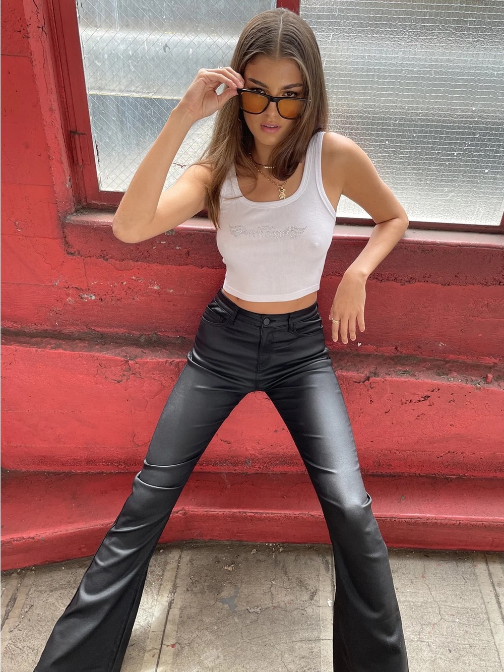 Edikted High-Rise Faux Leather Flared Jeans - Picture 1 of 6